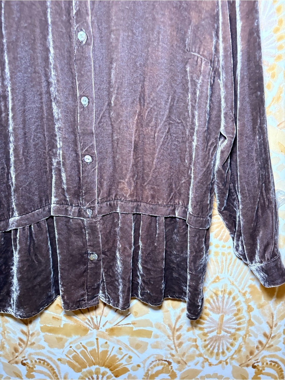 J. Jill Brown Silk Blend Velvet Blouse | Button Front Long Sleeve Peplum Top - Picture 8 of 13